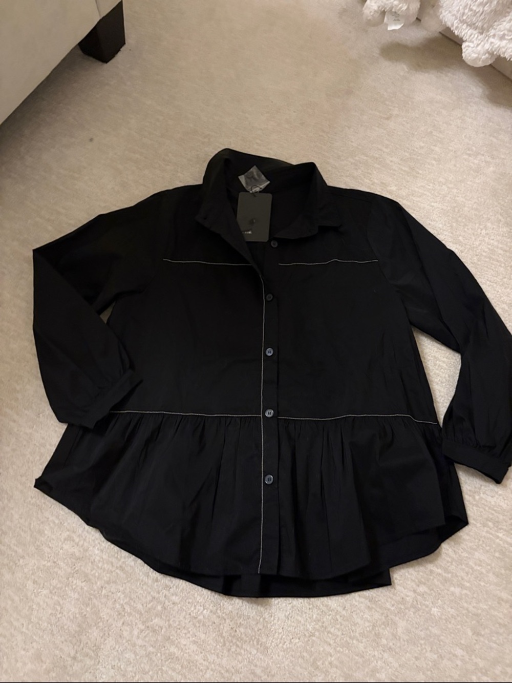 Oh. Black Button-Front Peplum Top with Contrast Stitching